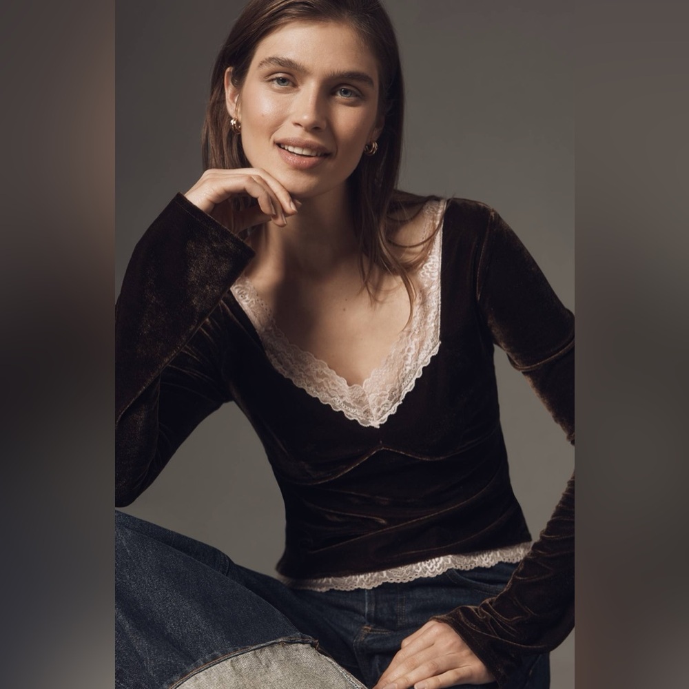 Anthropologie Chocolate Brown‎ Velvet Lace V-Neck Bell Sleeve Top